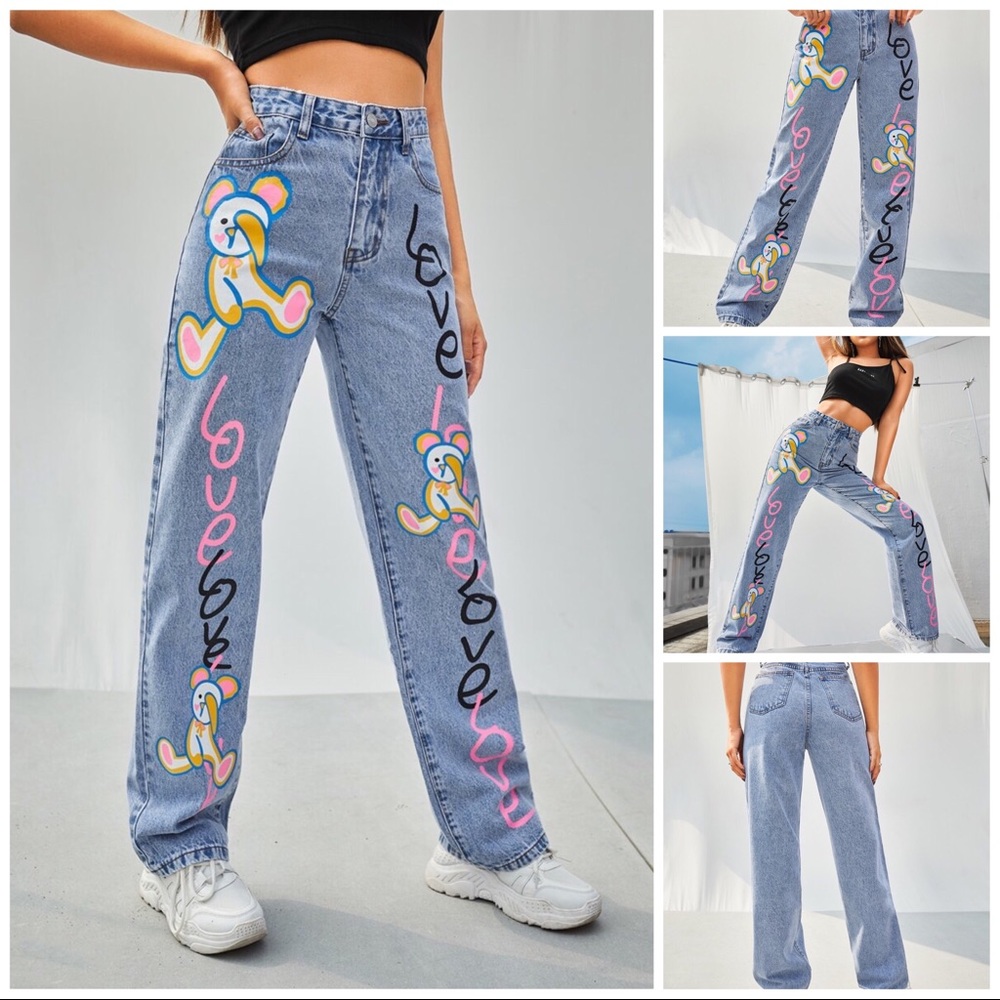 SHEIN High Waist Letter & Cartoon Graphic Jeans